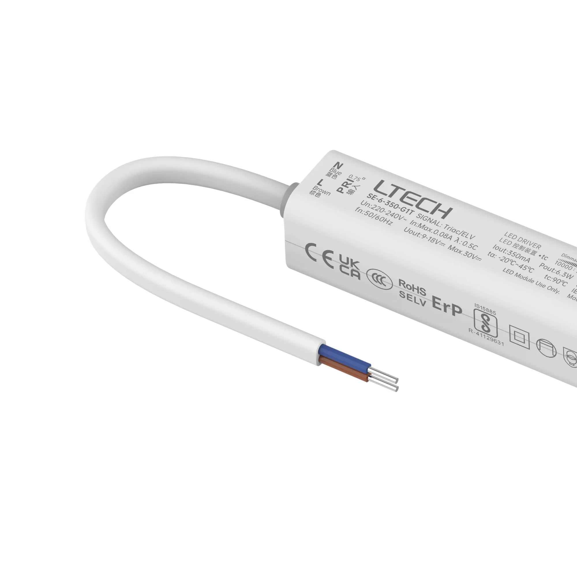 Triac/ELV, PWM,6W, C. Current Dimmable Driver, 350mA, DC:9-42Vdc, EFF>70%, IP20. SE-6-350-G1T  LTECH Triac Constant Current
